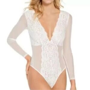 INC International Concepts white long sleeve lace mesh bodysuit